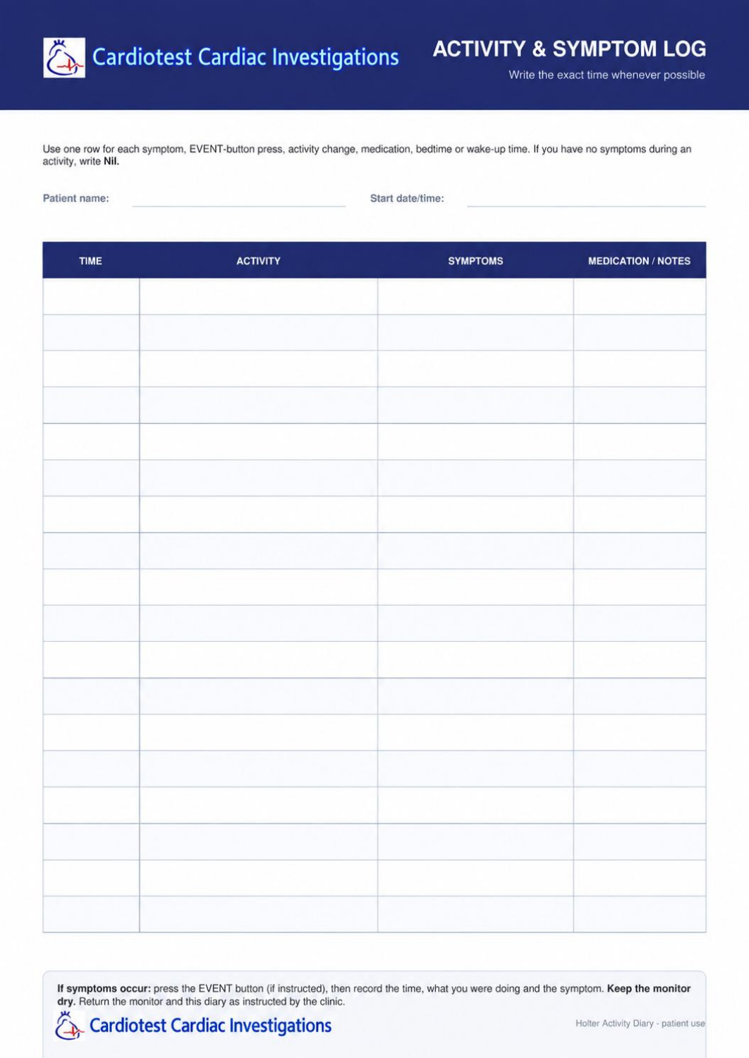 Holter activity diary, page 2 of 2